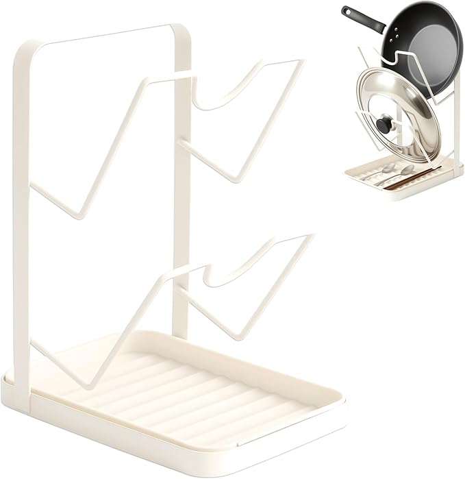 Kitchen Pot Lid Storage Rack, Pot Lid Holder With Tray, Multifunctional Double-layer Kitchen Organizer Stand, Lid And Spoon Rest While Cooking for Stove Top (Begie)