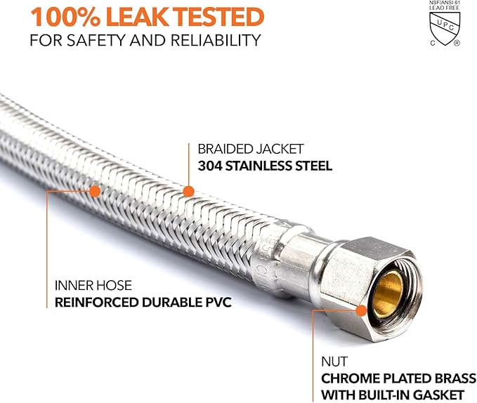 Stainless Steel Braided Water Connectors with Reinforced PVC Inner Hose for Faucets, 3/8" Compression x 3/8" Compression, 12" Length (2Pack)