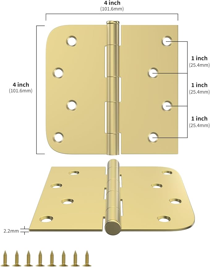 goldenwarm Pack of 6 4in Door Hinges Brushed Brass Gold Door Hinges Butt Hinges with Square & Round Corners, Interior Door Hardware