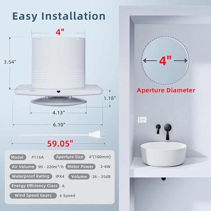 Bathroom Exhaust Fan with Remote, 2 Way 6 Speed Upgraded Powerful Low Noise Vent Fan 3000RPM DC Motor Energy Saving Household Ventilation Fans for Attic Basement Garage Washroom V116A24