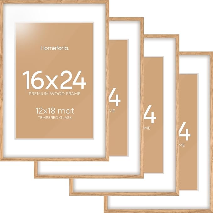 Homeforia Picture 16x24 Wood Frame, High End Natural Oak 16x24 Light Wooden Poster Frame with Mat 12x18, 16 x 24 Frames Matted to 12 x 18 Photo, 24x16 Hanging Frame, Tempered Glass, Wall Kit, Set of 4