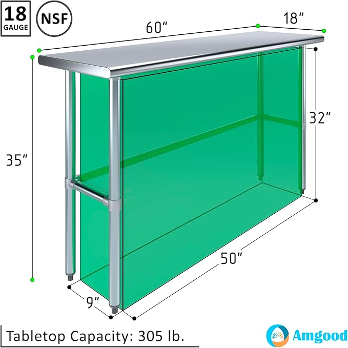 AmGood Stainless Steel Work Table Open Base | NSF Kitchen Island Food Prep | Laundry Garage Utility Bench (60" Long X 18" Deep)