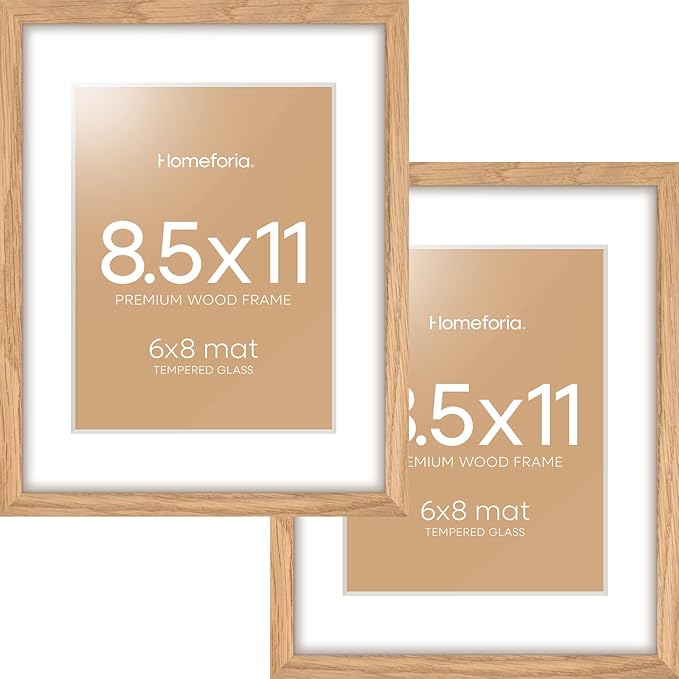 Homeforia 8.5 by 11 Picture Frame Wood, High End Natural Oak 8.5x11 Light Wooden Frames with Mat 6x8 inch Photo, 8.5 x 11 Wall or Tabletop Frame Matted to 6 x 8 Art, Tempered Glass, Wall Kit, Set of 2