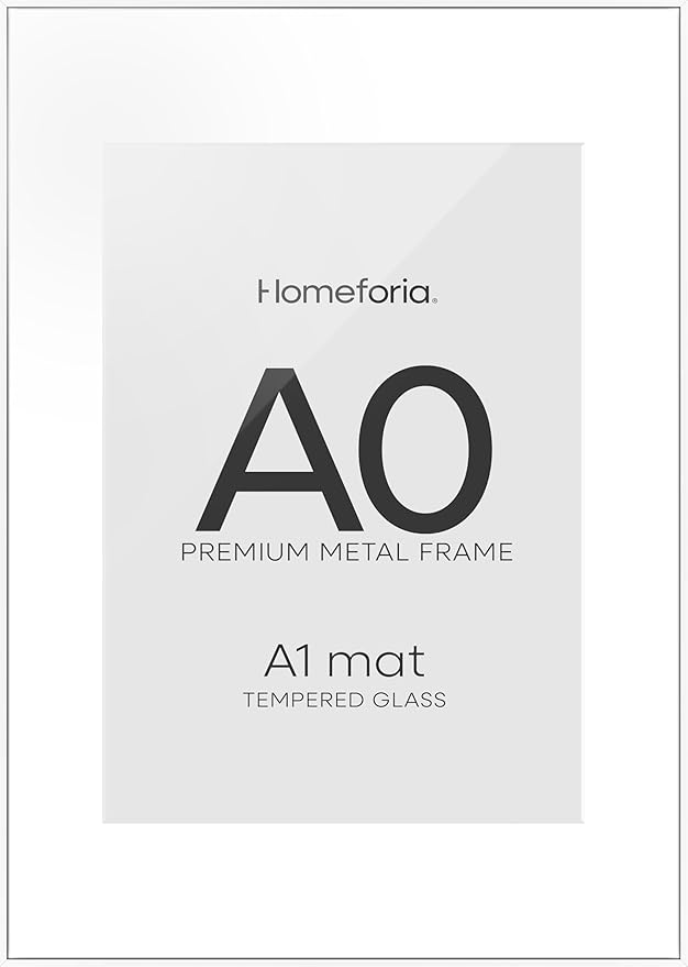 Homeforia A0 Poster Frame White, High End Metal 33.1 x 46.8 inches Large Picture Frames with Mat 23.4 x 33.1 for Photo, A0 Size Frames Matted to A1 Print, 33.1x46.8 Thin Frame, Tempered Glass, Set of 1