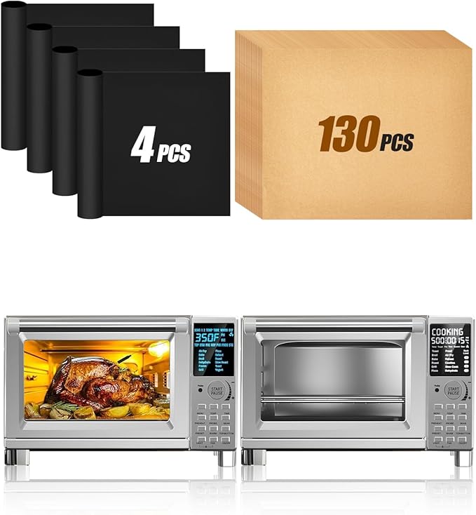 134PCs Air Fryer Liners Compatible with Nuwave Bravo XL Pro Air Fryer Toaster Oven 30QT,4PCs Baking Teflon Mats Reusable and 130PCs Parchment Paper Accessories for Nuwave 12-in-1 Oven with Grill Combo