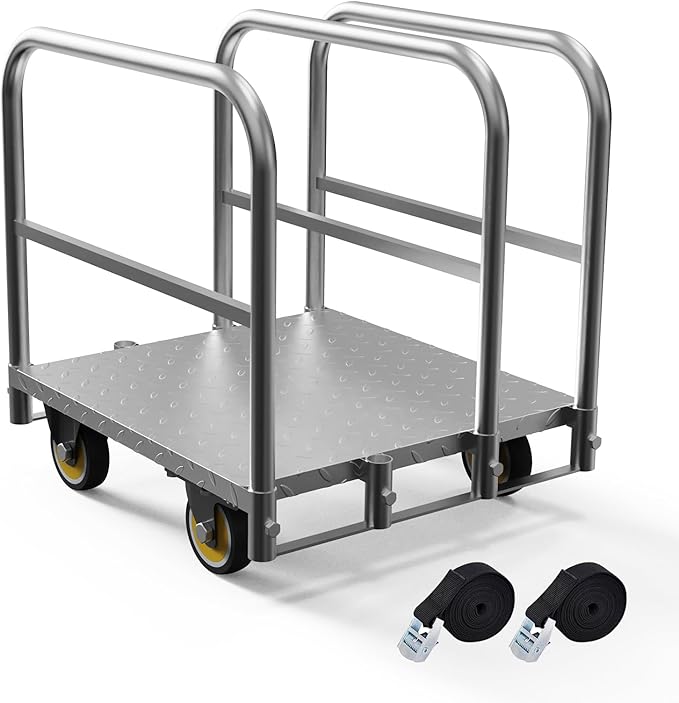Panel Cart, Heavy Duty Flatbed Cart with 5In Swivel Caster 1500LBS Weight Capacity Lumber Drywall Mattress Cart Transporting Heavy Loads with Ease and Efficiency 2PCS Straps for Platform Truck