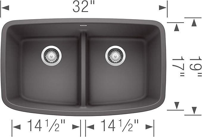 BLANCO, Cinder 442196 VALEA SILGRANIT 50/50 Double Bowl Undermount Kitchen Sink with Low Divide, 32" X 19"