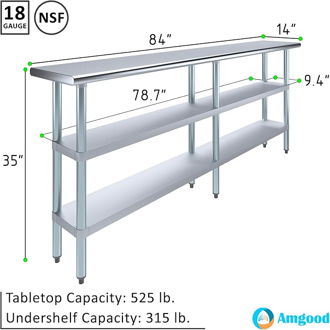 AmGood Stainless Steel Work Table with 2 Shelves | NSF | Metal Utility Table (84" Long x 14" Deep)