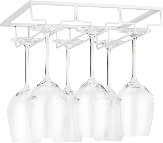 Wine Glass Rack - Under Cabinet Stemware Wine Glass Holder Glasses Storage Hanger Metal Organizer for Bar Kitchen White