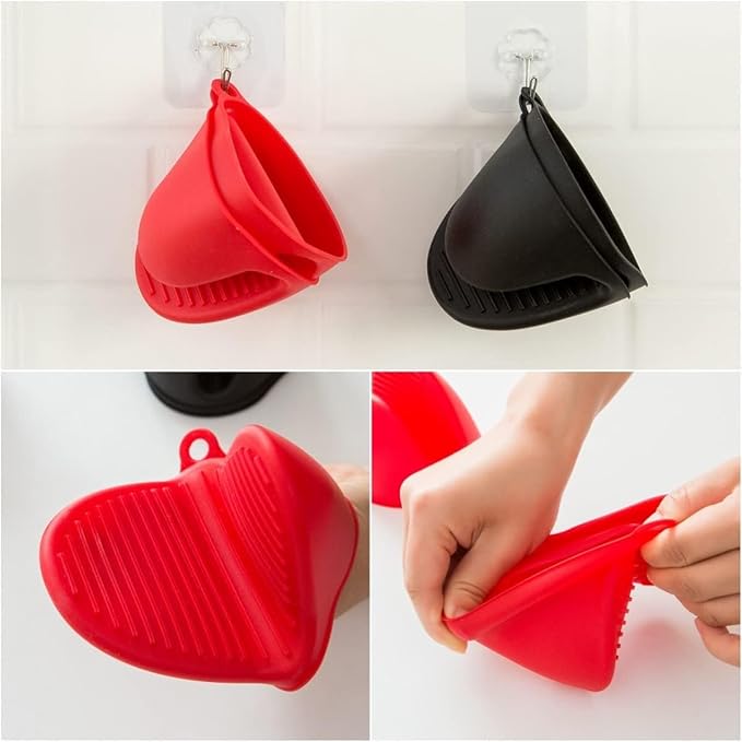 Silicone Cooking Pinch Grips Oven Mitts - Mini Finger Protector Pot Holder for Kitchen,Cooking,Baking,BBQ - Heat Resistant Gloves, 2 Pairs (Black and Red)