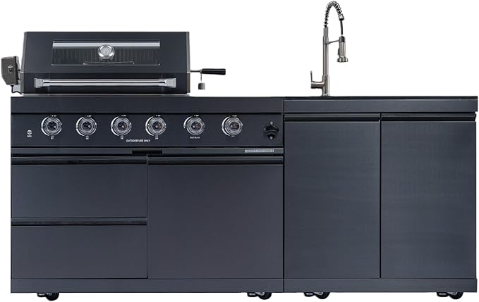 79-Inch 4-Burner 72000 BTU Propane Outdoor Kitchen Island Grill with Round Side Burner, Rotisserie Kit, Granite Countertops & Sink, Black