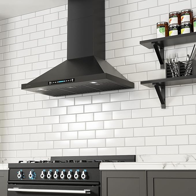 IKTCH 30 inch Black Wall Mount Range Hood, 900 CFM Ducted/Ductless Stainless Steel Vent Hood with Gesture Sensing & Touch Control Switch Panel, 2 Pcs Adjustable Lights