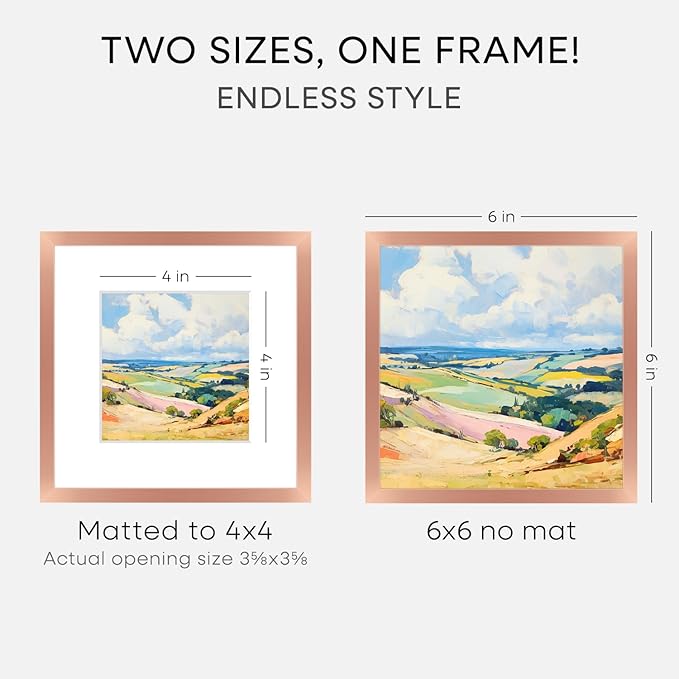 Homeforia Rose Gold Frame 6x6, High End Metal 6 x 6 Square Picture Frames with Mat 4 by 4 Art, 6x6 Photo Frame Matted to 4x4 inch Print, 6by6 Wall or Tabletop Frames, Tempered Glass, Wall Kit, Set of 1