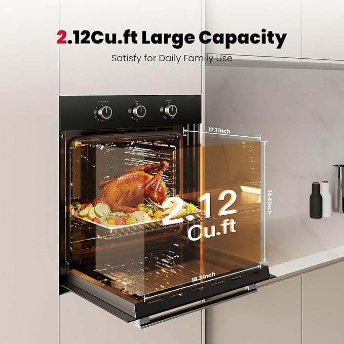 GASLAND 24 in Gas Wall Oven, ETL Certified Built-in Single Wall Oven, Natural Gas Wall Oven with Bake Broil Rotisserie Functions, Timer and Convection Fan, 120V Cord Plug, Black