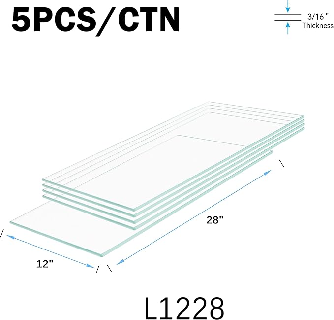 Floating Shelves - Pack of 5 Tempered Glass Shelves, 12" W x 28" L, 3/16" Thick, Polished Edges-– Rectangular Replacement Shelves for Cabinets, Display Cases & Retail Fixtures