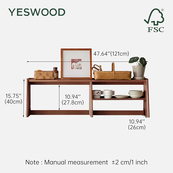 YESWOOD 100% Solid Rubberwood Kitchen Counter Hutch Shelf, 47.6'' Fully Assembled Countertop Organizer Storage Rack, Buffet Hutch Shelf with Trapezoid Structure for Kitchen & Dining Room