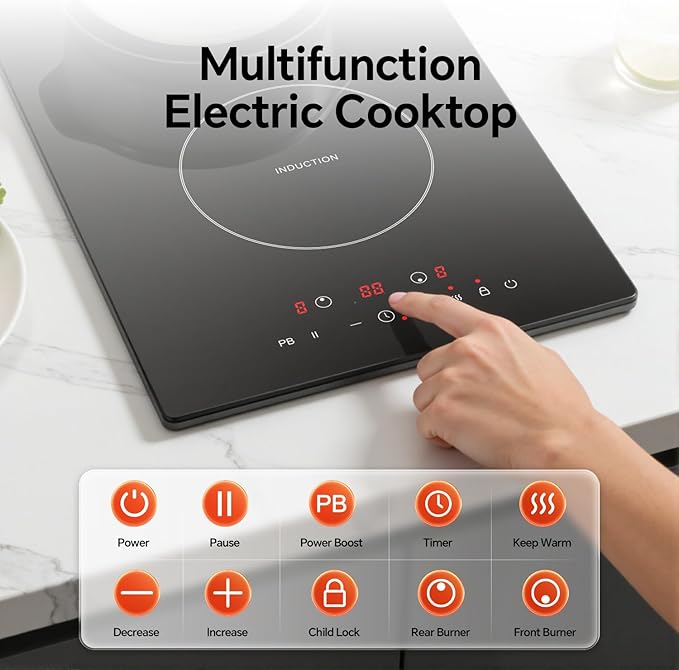 Ranein Induction Cooktop 12 Inch, Build-in 2 Burners Electric Stove Top, 9 Power Settings, Max 1800W, Sensor-Control Induction Hob with Multiple Safety Protections, Compatible with Magnetic Cookers
