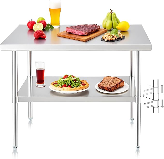 NUUK Stainless Steel Work Table 24" x 36", Commercial Kitchen Food Prep Table with Adjustable Height, Metal Countertop Utility Worktable for Restaurant, Home and Hotel