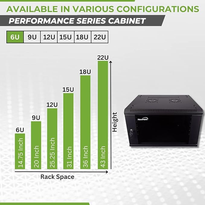 NavePoint 6U Server Cabinet Wall Mount Rack Enclosure Includes 2 Fans, Locking Glass Door, Removable Side Panels – 6U Network Cabinet 17.7” Deep, 19 Inch Server Rack for IT and A/V Equipment