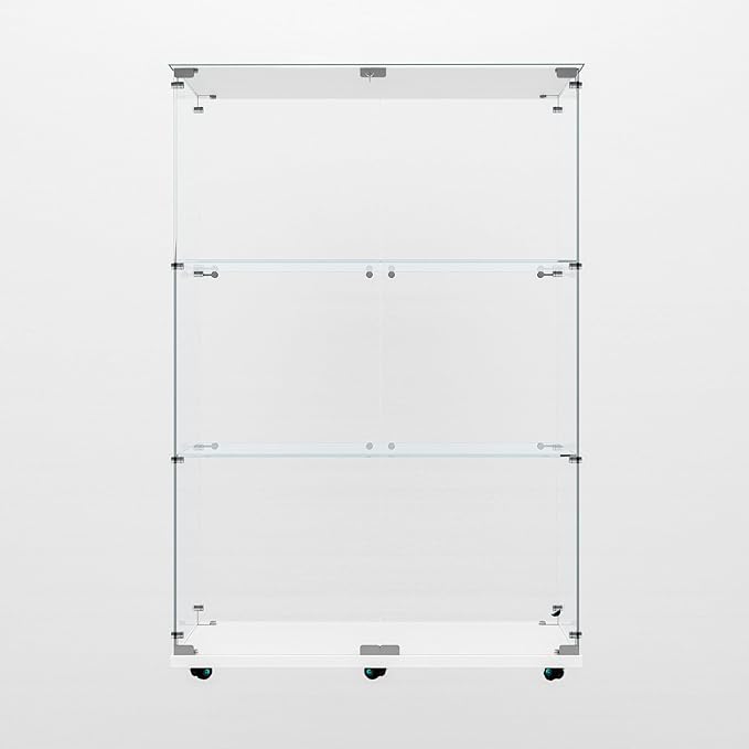 Glass Display Cabinet with LED Light Strip, 3 Shelves with 2 Doors, Glass Top Curio Storage Cabinets with Lock & Caster for Living Room,Floor Standing Bookshelf, Quick Installation - White
