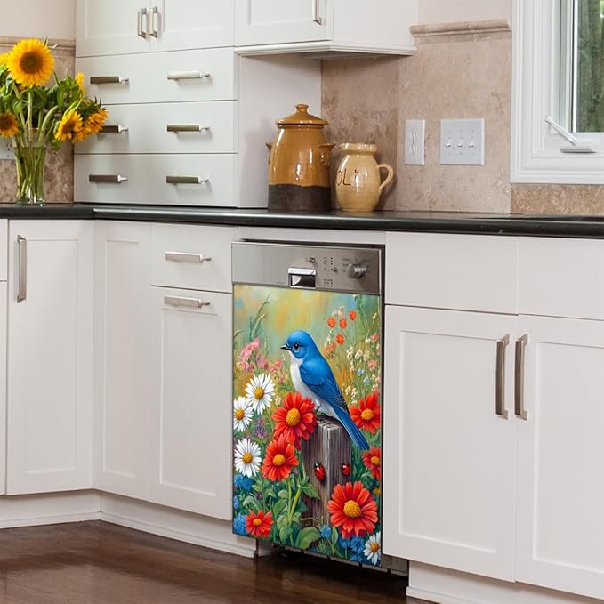 Spring Flowers Birds Dishwasher Magnet Cover Front Dishwasher Cover Decor Reusable Magnetic Door Cover Panel Decal Home Appliances Stickers Kitchen Refrigerator Fridge 23"x26"