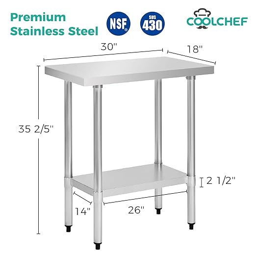 COOLCHEF Stainless Steel Work Table 18 x 30 Inch, NSF Commercial Prep Table with Undershelf, Heavy Duty Food Prep Workstation