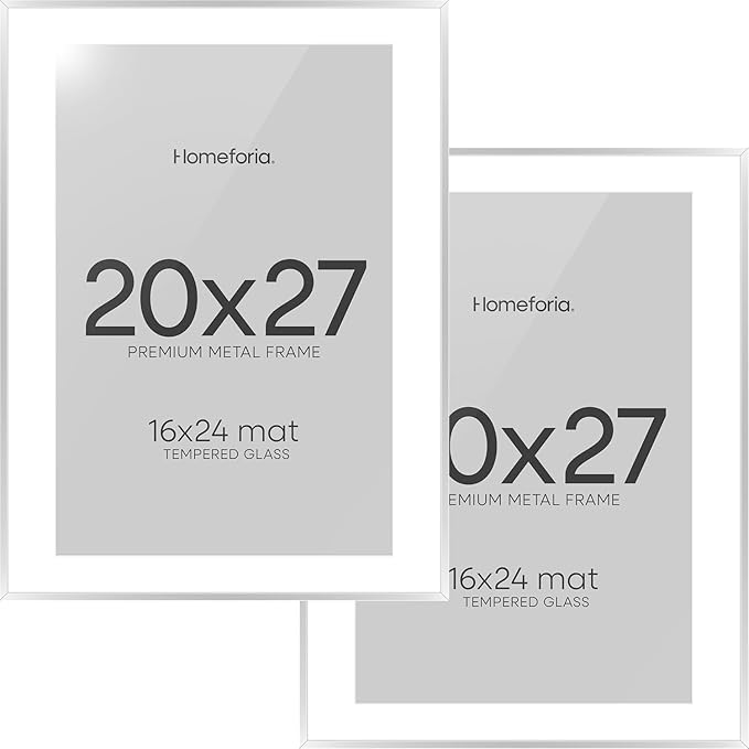 Homeforia 20x27 Picture Frame Silver, High End Metal 20x27 Frames with Mat 16x24 for Photo, 20 x 27 Silver Poster Frame Matted to 16 x 24 Print, 27x20 Hanging Frame, Tempered Glass, Wall Kit, Set of 2