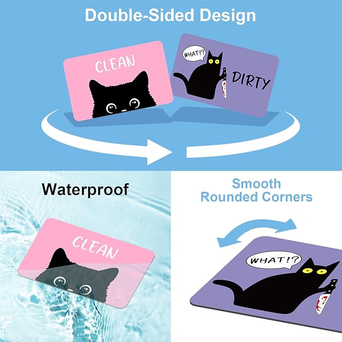 Funny Black Cat Cartoon Clean Dirty Dishwasher Magnet, Washing Machine Magnets Flip, Cute Cat Refrigerator Clean Dirty Sign, Double Sided Reversible Non Scratch Dish Washer Magnet Sign (Pink&Purple)