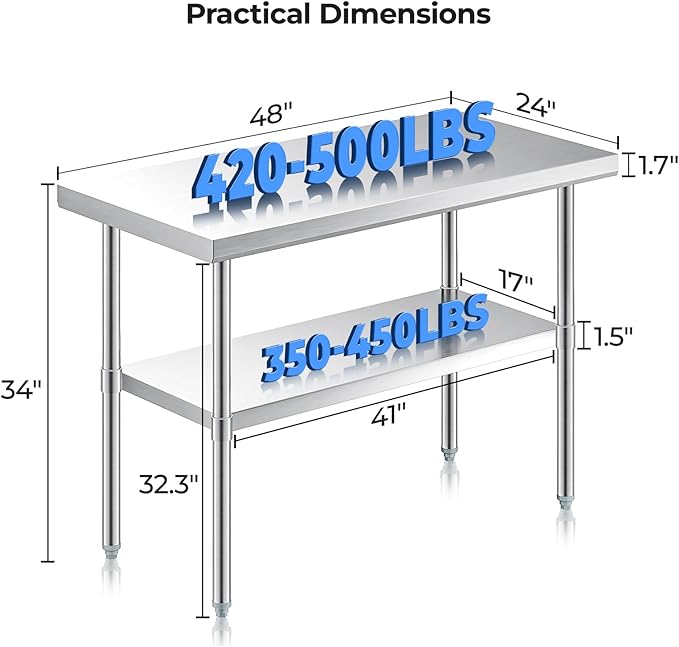 NUUK Stainless Steel Work Table 24" x 48", Commercial Kitchen Food Prep Table with Adjustable Height, Utility Worktable Metal Countertop Work Station for Restaurant, Home and Hotel