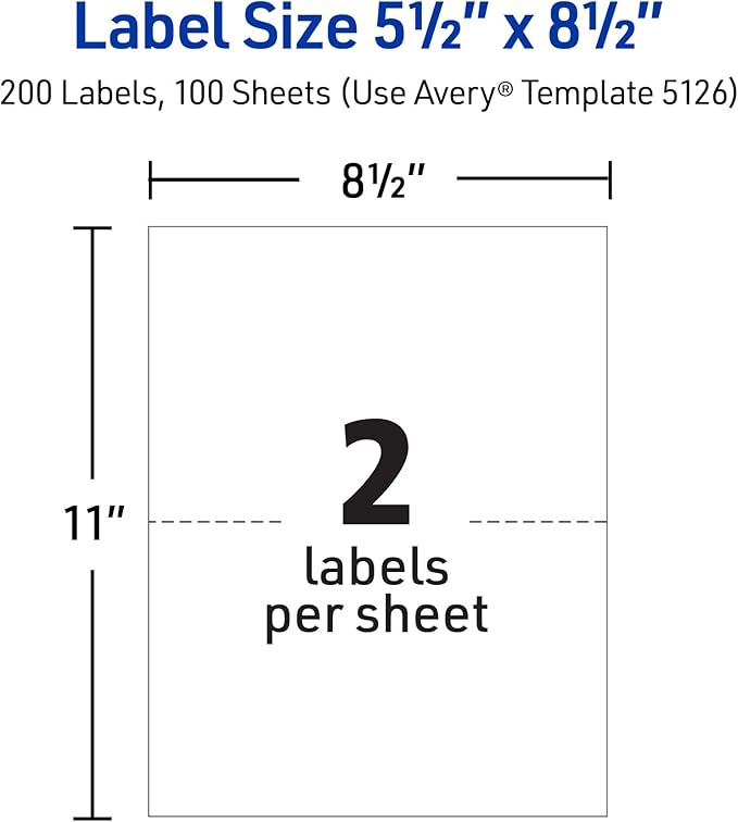 Avery Half-Sheet Printable Shipping Labels, 5.5" x 8.5" Customizable Stickers, White, 1,000 Blank Mailing Labels Total, Great for Mailing, Shipping, Organizing, and More (5-Pack of 5126)