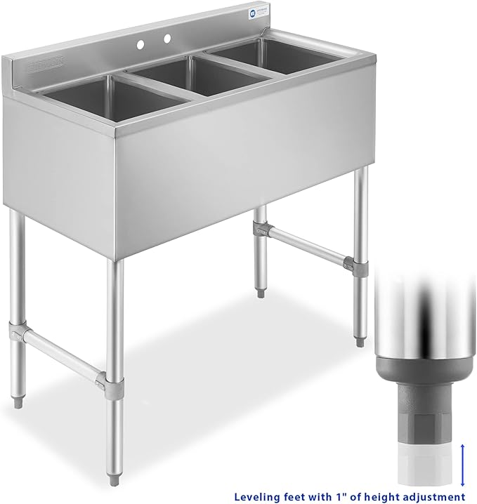 GRIDMANN 3 Compartment Stainless Steel Bar Sink, NSF Commercial Kitchen Underbar Sink with 10" L x 14" W x 10" D Bowls for Restaurant, Laundry, Garage