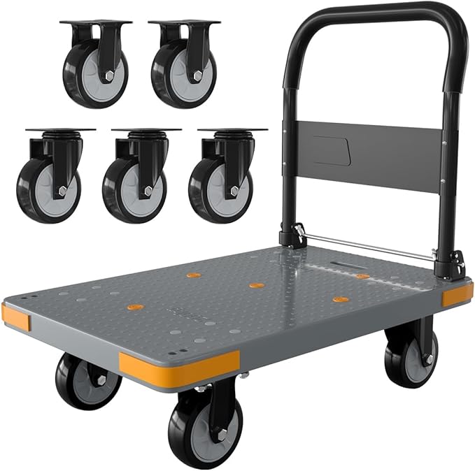 WUD Push Cart, Folding Mobile Platform Trolley,Thickened and Reinforced, 360° Swivel Wheels,28.3 “L x 18.9 ”W, 440 lb. Grey Dolly cart with Wheels
