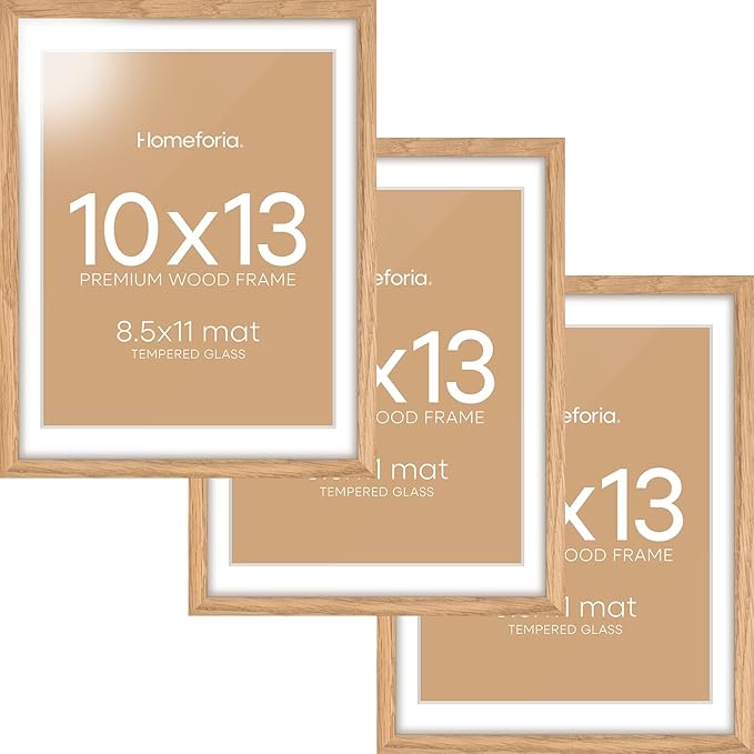 Homeforia 10x13 Picture Frame Wood, High End Natural Oak 10x13 Light Wooden Poster Frames with Mat 8.5x11, 10 x 13 Frame Matted to 8.5 x 11 Photo, 13x10 Thin Frames, Tempered Glass, Wall Kit, Set of 3