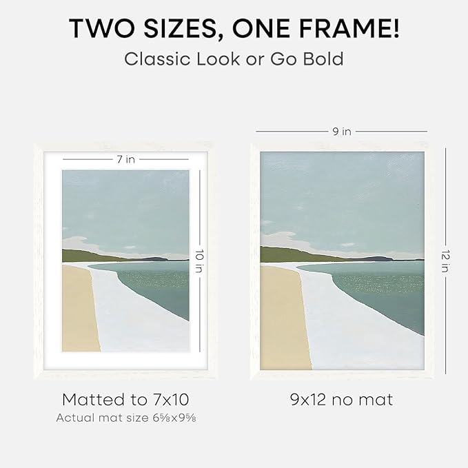 Homeforia 9x12 Frame White Wood, High End Oak 9 x 12 Picture Frames with Mat 7 by 10 Photo, 9by12 White Wooden Frame Matted to 7x10 Print, Wall or Tabletop Frames, Tempered Glass, Wall Kit, Set of 2