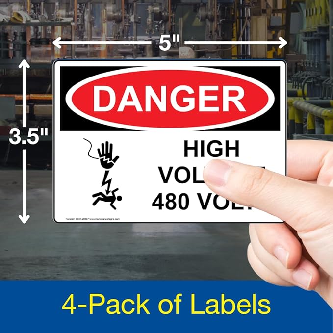 ComplianceSigns.com DANGER High Voltage 480 Volts OSHA Safety Label Decal, 5x3.5 in. 4-Pack Vinyl for Electrical, Made in USA