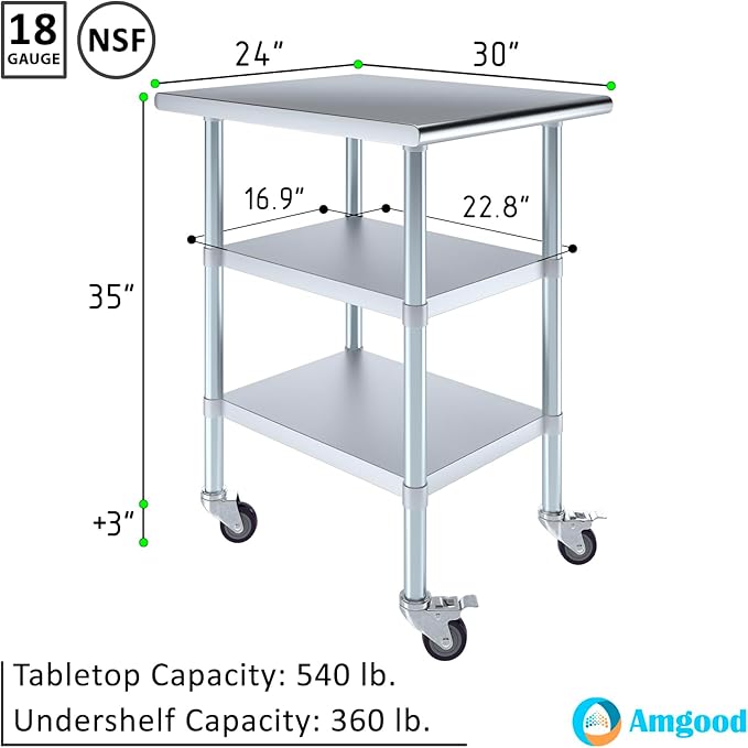 AmGood Stainless Steel Work Table with 2 Shelves and Casters (Stainless Steel Work Table with 2 Shelves + Casters, 24" Long x 30" Deep)