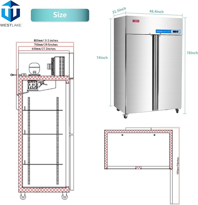 WESTLAKE Commercial Freezer 48"W 2 door 2 Section Stainless Steel Reach in Solid door Fan Cooling 36 Cu.ft Freezer for Restuarant, Bar, Shop, etc