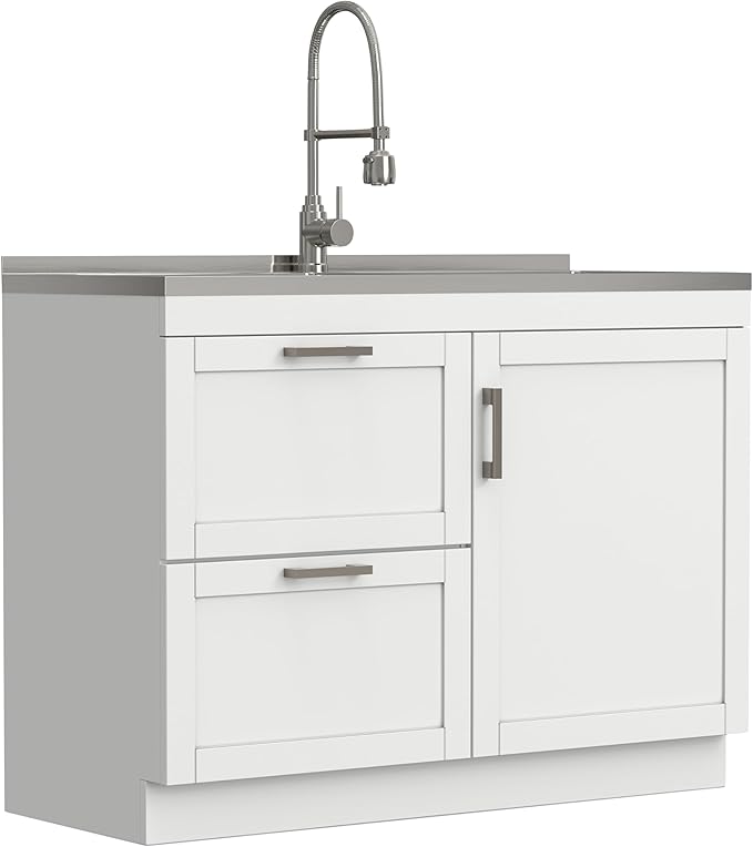 SIMPLIHOME Hennessy All-in-One 46 inch Wide Utility Sink and Laundry Cabinet in Pure White Finish, Transitional Stainless Steel Dual Sink Cabinet for Laundry Rooms with High-Arch Chrome Faucet