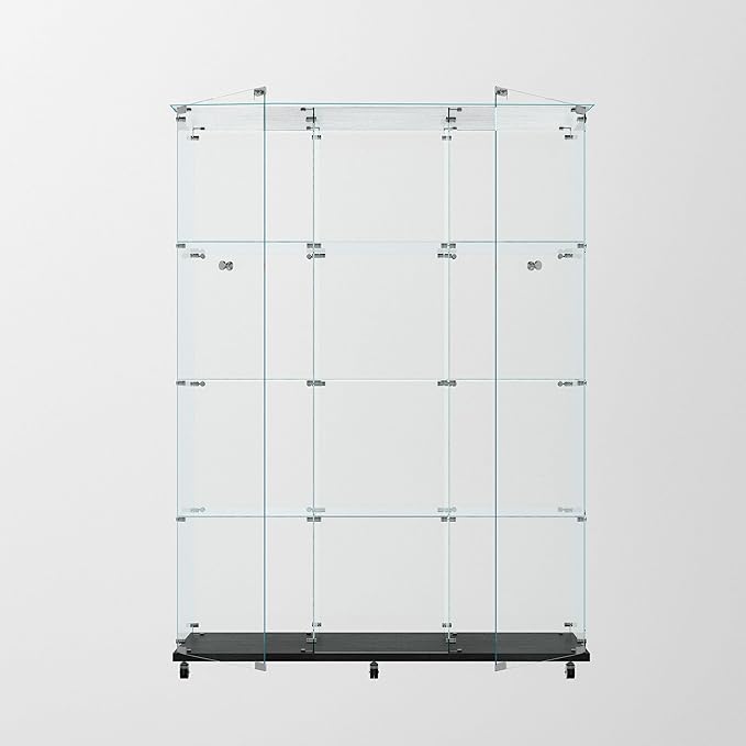 Glass Display Cabinet with LED Light Strip, 12 Shelves 3 Column 2 Doors, Large Glass Top Curio Storage Cabinets with Lock & Caster for Living Room, Office,Floor Standing Bookshelf - Black