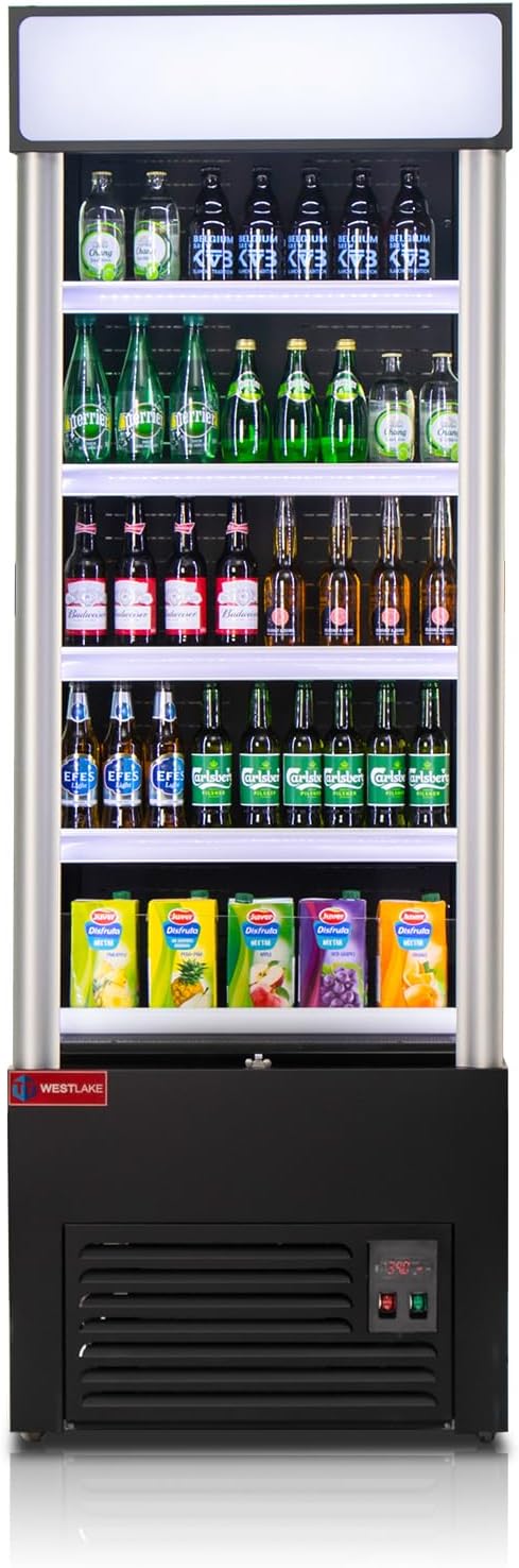 WESTLAKE Open Air Merchandiser Commercial Refrigerator with Night Curtain 16.6 Cu.ft 27.5” W 28.3" D Upright Fan Cooling Display Cooler for Stores, Supermarkets, Bar, Shops, etc