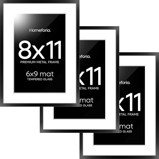 Homeforia 8x11 Picture Frame Black, High End Metal 8 x 11 Poster Frames with Mat 6 by 9 for Photo, 11x8 Frame Matted to 6x9 inch Print, 8by11 Wall or Tabletop Frame, Tempered Glass, Wall Kit, Set of 3