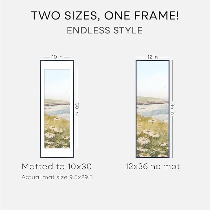 Homeforia 12x36 Navy Blue Picture Frame, High End Metal 12by36 Poster Frames with Mat 10x30 Photo, 12 x 36 Navy Blue Frames Matted to 10 x 30, 36x12 Panoramic Frame, Tempered Glass, Wall Kit, Set of 2