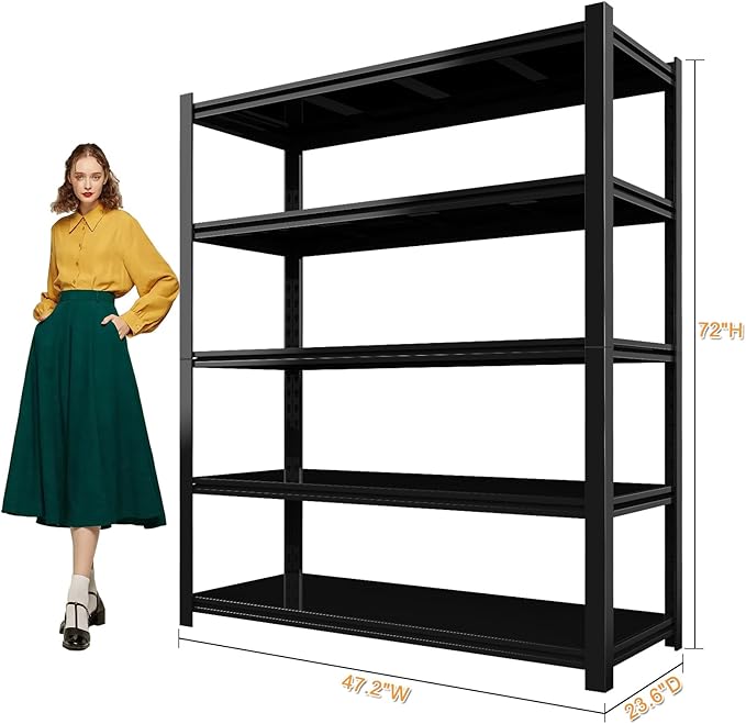 2PCS 47.2” W Metal Garage Shelving Units, 3000 LBS Storage Shelves Heavy Duty, 5 Tier Garage Shelf Rack, Adjustable Industrial Metal Shelving for Basement/Warehouse