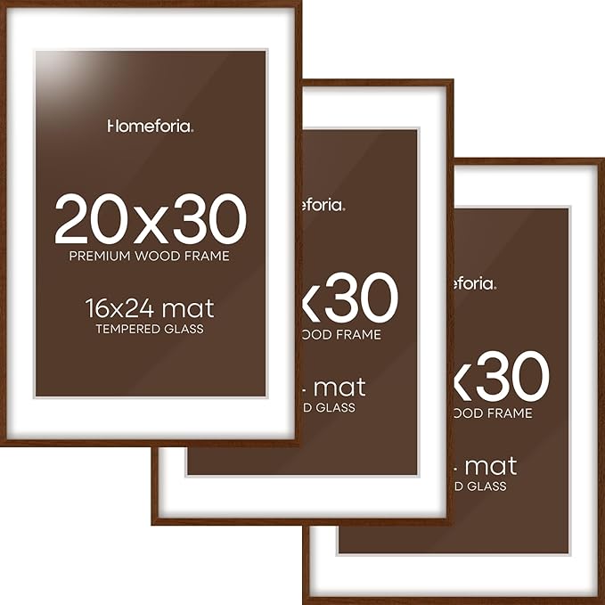 Homeforia 20 x 30 Walnut Frame, High End Dark Oak 20x30 Wooden Poster Frames with Mat 16x24, 20 x 30 Brown Wood Picture Frame Matted to 16 x 24, 30x20 Hanging Frame, Tempered Glass, Wall Kit, Set of 3