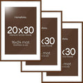 Homeforia 20 x 30 Walnut Frame, High End Dark Oak 20x30 Wooden Poster Frames with Mat 16x24, 20 x 30 Brown Wood Picture Frame Matted to 16 x 24, 30x20 Hanging Frame, Tempered Glass, Wall Kit, Set of 3