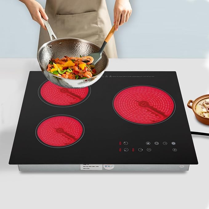 Countertop Ceramic Cooktop, 2600W 3 Burners with 9 Heating Levels, Touch Control Electric Stove with Timer & Child Safety Lock, Built-in & Portable Design for Kitchen Office RV