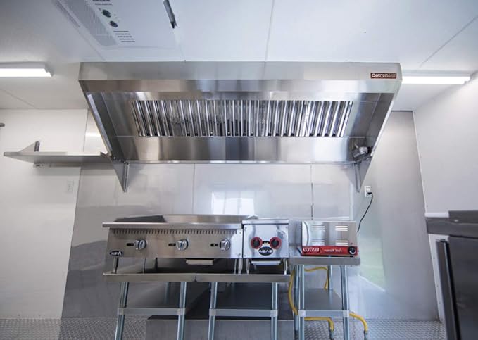Food Truck Low Profile Exhaust Hood System Includes a stainless steel exhaust hood, an exhaust fan, an adjustable duct section, and installation hardware (10' Long Hood & Fan)