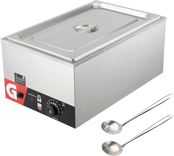 Commercial Stainless Steel Steam Table Pan with Lid & Ladle – 24QT Electric Buffet Food Warmer, 1200w, Adjustable Temperature 30–85°c
