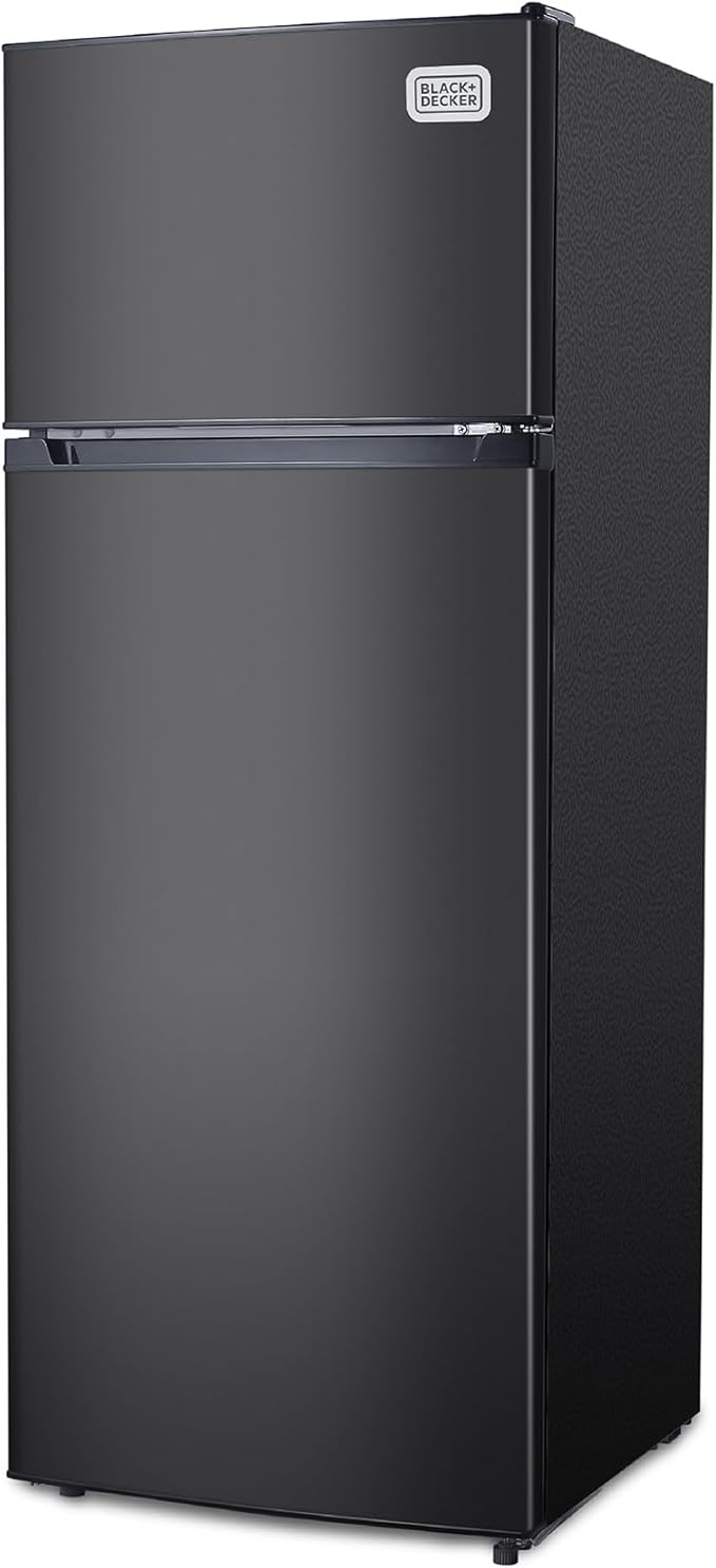 BLACK+DECKER 7.7 Cu. Ft. Top Mount Refrigerator with Freezer, 2 Door Fridge with Top Freezer and Mechanical Temperature Control, For Homes and Apartments, BDA77LAB, Black