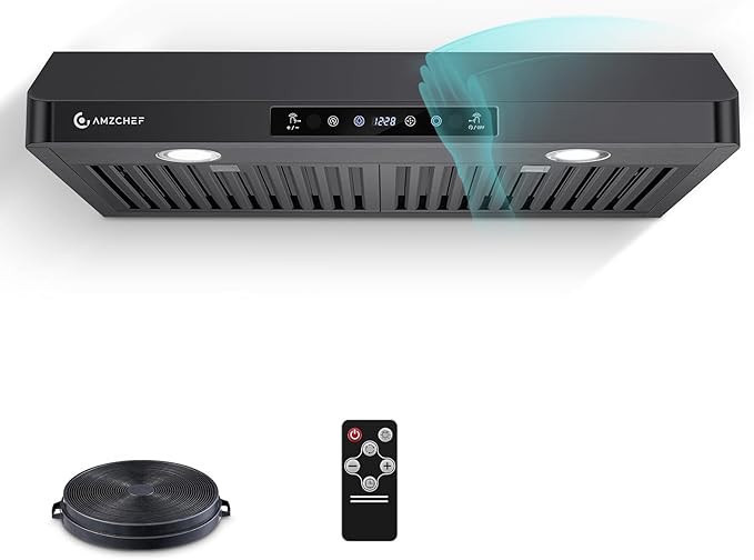 AMZCHEF Under Cabinet Range Hood 30 Inch, 750CFM Stainless Steel Kitchen Stove Vent Hood 3 Speed Exhaust Fan Touch/Remote/Gesture Control LED lights Time Setting Dishwasher-Safe Baffle Filters-Black